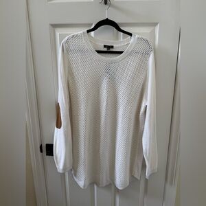 White Crew Neck Sweater with Tan Elbow Patches